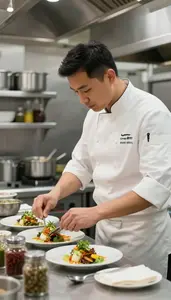 Line Cook Preparing Dishes In A In A Busy Restaurant Kitchen At Work Today