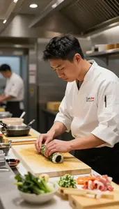 Line Cook Serving Sushi With Precision In A Restaurant Gourmet Kitchen In