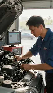 Locksmith Diagnosing A Vehicle Engine In An Auto Repair Garage In Professional