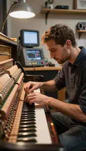 Locksmith Tuning A Piano In In A Musical Instrument Repair Shop In Professional