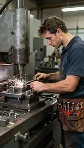 Machinist Cutting Metal Parts On In A Blacksmith Forge Workshop In Professional