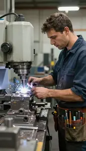 Machinist Operating A Milling Machine In A Welding Fabrication Shop At