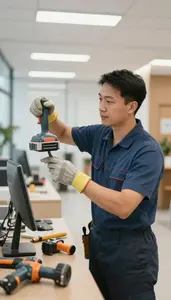 Maintenance Worker Cleaning And Maintaining A In A Commercial Building Lobby