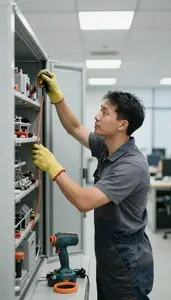 Maintenance Worker Cleaning And Maintaining A In A Building Mechanical Room