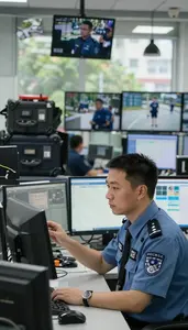 Mall Security Officer Monitoring Cctv Cameras In In A Security Control Room With