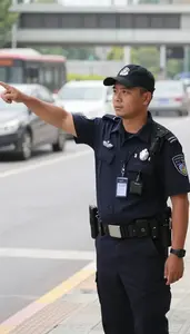 Mall Security Officer Directing Traffic At An At A Transit Rail Station Platform