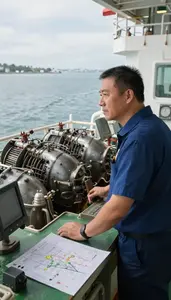 Marine Engineer Monitoring Ship Engines In On A Ferry Deck Crossing Water At