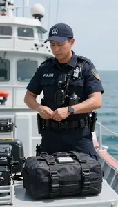 Marine Police Officer Patrolling Coastal Waters On On A Coast Guard Patrol Boat