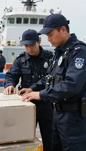 Marine Police Officer Inspecting Cargo At A On A Coast Guard Patrol Boat In