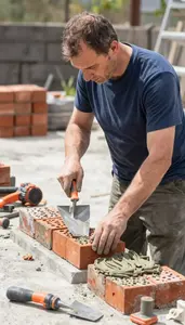 Mason Laying Bricks With Mortar In A Concrete Pouring Site In Professional