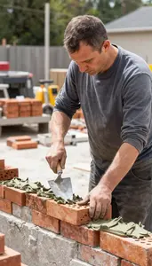 Mason Laying Bricks With Mortar In A Masonry Construction Area At Work Today
