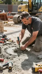 Mason Mixing Concrete On A At An Outdoor Construction Site At Work Today