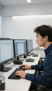 Mathematician Analyzing Data On A In An Actuarial Research Office In