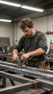 Metal Sculptor Assembling Steel Beams On In A Blacksmith Forge Workshop At Work