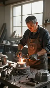 Metal Sculptor Casting Molten Metal In In A Glass Blowing Foundry In