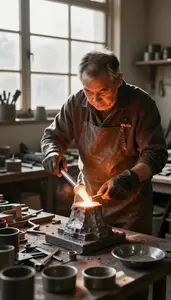 Metal Sculptor Casting Molten Metal In In A Metal Sculpture Foundry At Workplace