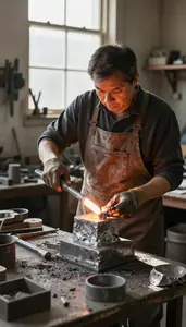 Metal Sculptor Casting Molten Metal In In A Metal Sculpture Foundry In Daily