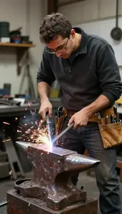 Metal Sculptor Forging Metal On An In A Tool And Die Manufacturing Shop In