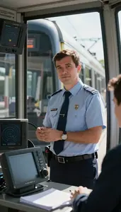 Metro Operator Conducting A Train Departure Inside A Tram Cab In A City In Daily