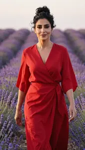 Middle Eastern Woman Mature In Wrap Dress Garden Portrait Photography