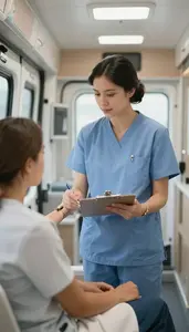 Midwife Monitoring Patient Vitals In In A Mobile Health Clinic Van In Daily Work