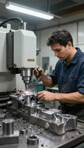 Milling Machine Operator Cutting Metal Parts On In A Metal Sculpture Foundry