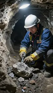 Miner Mining Minerals From An In An Underground Mine Tunnel At Work Today
