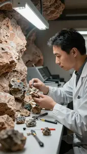 Mineralogist Examining Rock Formations In In A Geological Field Study Site In