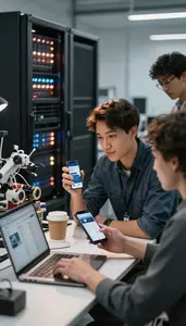 Mobile App Developer Collaborating With Team Members In A Robotics Research