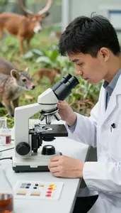 Molecular Biologist Observing Animal Behavior In In A Biology Microscopy