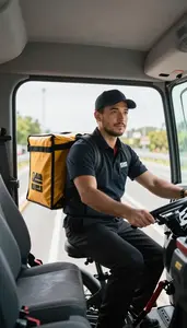 Motorcycle Courier Delivering Packages On A Inside A Fire Truck Cab In
