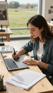 Museum Educator Writing An Art Review In A Museum Exhibition Design Studio In