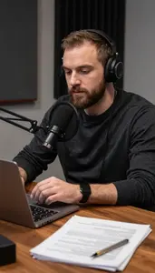 Music Critic Reviewing A Film At In A Podcast Recording Studio In Daily Work