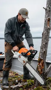Nature Guide Cutting Down Trees With On A Fishing Boat On Open Water At