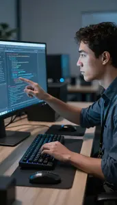 Network Administrator Reviewing Code On A In A Modern Tech Office In