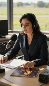 News Anchor Critiquing A Music Album In A Radio Broadcast Booth In Professional