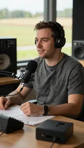 News Anchor Recording A Podcast In In A Music Critics Office In Professional