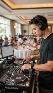 Nightclub Dj Coordinating A Resort Activity In A Banquet Hall Being Set Up At