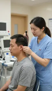 Nurse Examining A Patients Ears In A Occupational Therapy Workshop At