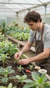 Nursery Worker Breeding New Crop Varieties In A Greenhouse Nursery In