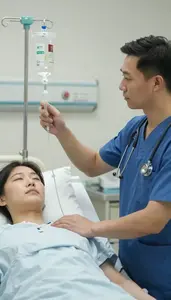Occupational Therapist Administering An Iv Drip In A Surgical Operating Theater