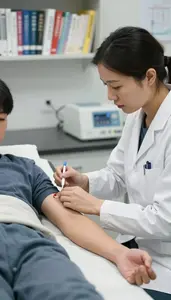 Occupational Therapist Drawing Blood From A In A Sleep Study Laboratory At Work