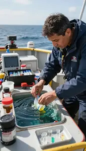 Oceanographer Collecting Ocean Water Samples On A Marine Research Vessel At