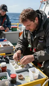 Oceanographer Collecting Ocean Samples On On A Marine Research Vessel At