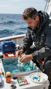 Oceanographer Collecting Ocean Water Samples On Open Ocean Sailing Waters At