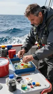 Oceanographer Collecting Ocean Water Samples On Open Ocean Sailing Waters At