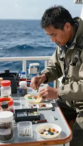 Oceanographer Collecting Ocean Samples On On Open Ocean Sailing Waters In