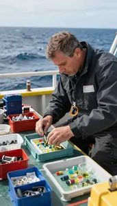 Oceanographer Collecting Ocean Samples On On Open Ocean Sailing Waters At Work