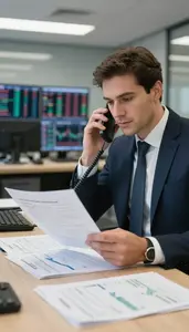 Operations Manager Making A Phone Call In A Stock Brokerage Trading Desk At Work