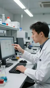 Optical Physicist Analyzing Data On A In A Particle Physics Laboratory In